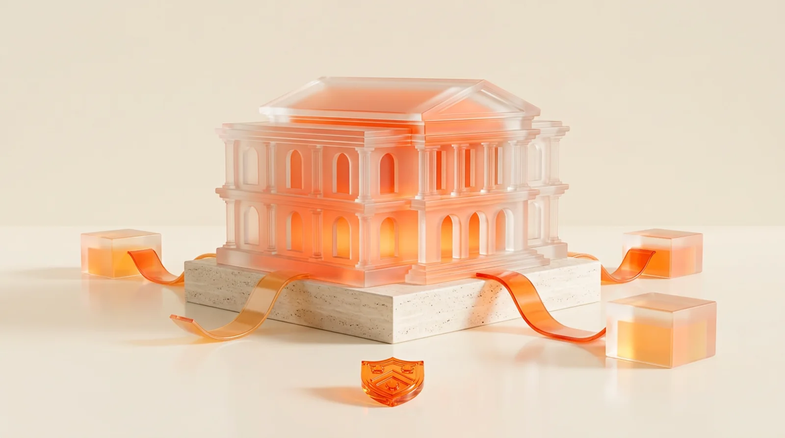 A glowing glass university building linked by orange glass ribbons to department blocks, with a small shield